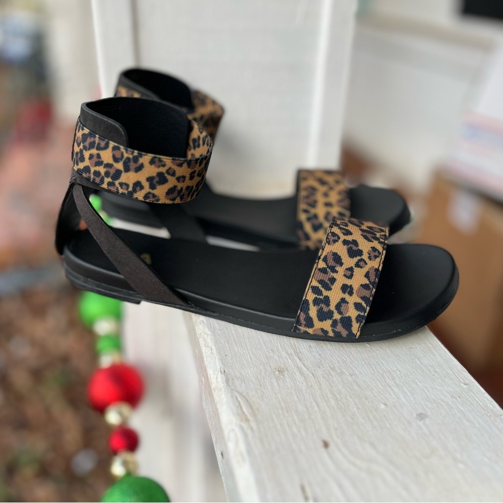 MIA Leopard Print Ankle Strap Flats in Black and Tan
